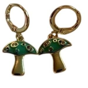 Funky Mushroom Dangle Earrings Green Gold Tone Unique Jewelry